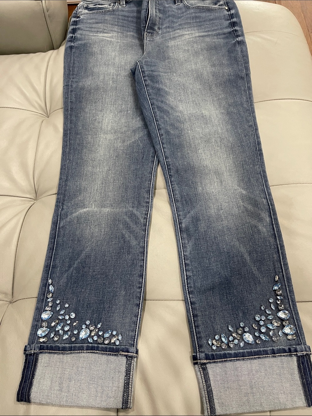 NWT White House Black Market Embellished Cuff Slim Jeans - Blue Rhinestones 10